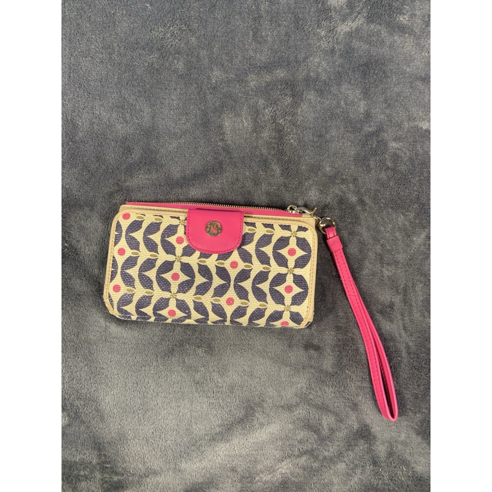 Spartina 449 Snap Wallet Genuine Leather Wristlet Pink Accents Geometric Design